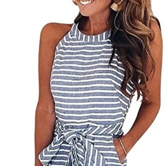 Pants - Striped loose leg jumpsuit romper with pockets